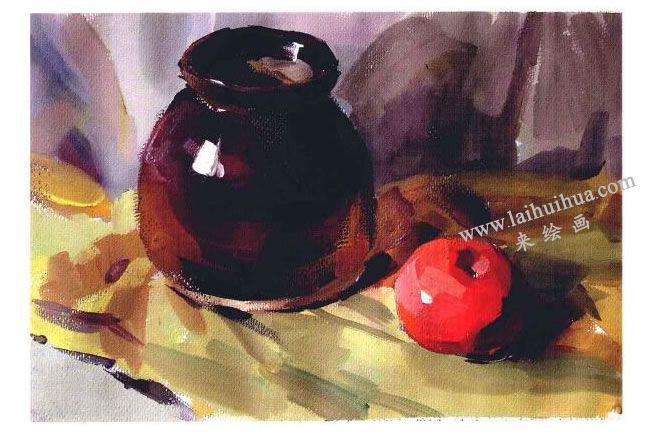 苹果和陶罐水粉画法步骤04