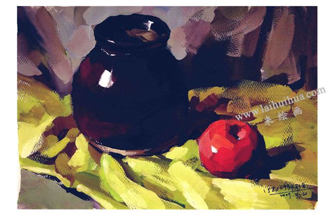 苹果和陶罐水粉画法步骤：完成图