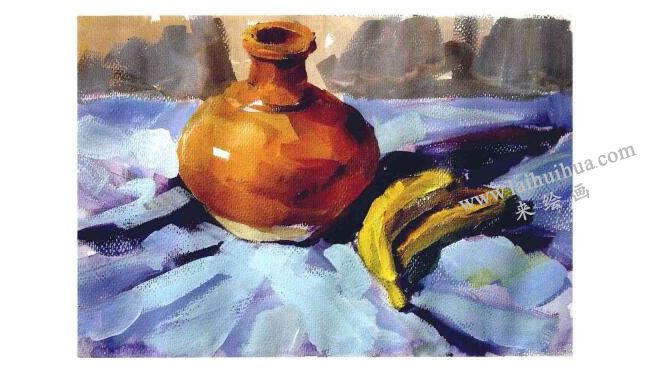 香蕉与陶罐水粉画法步骤003