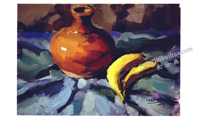 香蕉与陶罐水粉画法步骤：完成图