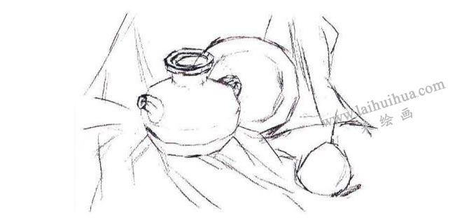 陶罐、瓷盘和梨子组合水粉画法步骤01