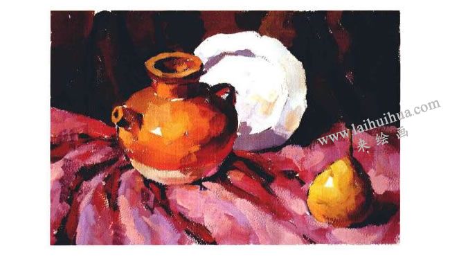 陶罐、瓷盘和梨子组合水粉画法步骤04