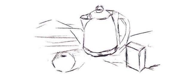 不锈钢电水壶、水果和牛奶盒组合水粉画法步骤01
