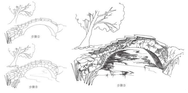 木桥的速写画法和石桥的速写画法