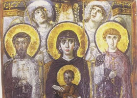 圣像画《圣狄奥多尔和圣乔治在侧的宝座上的圣母子》