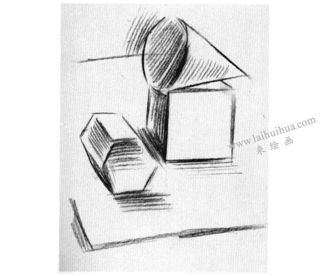 三个几何体组合素描写生作画步骤03