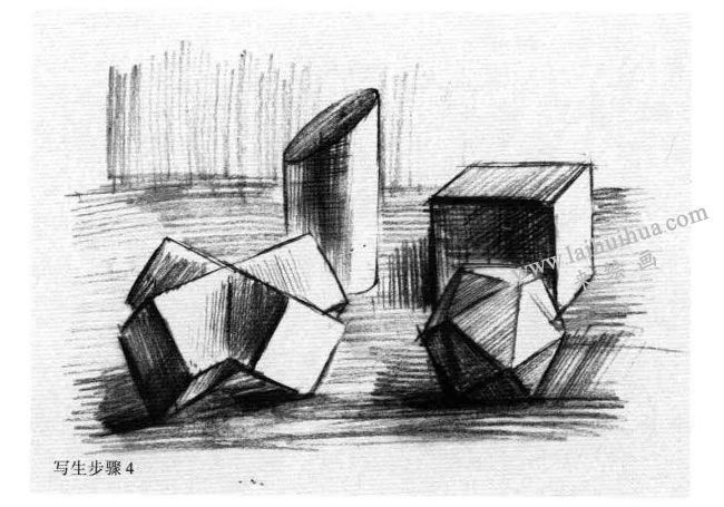 四个几何体组合素描写生作画步骤04