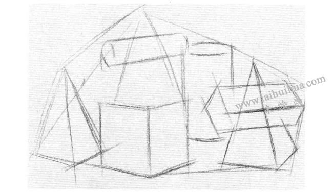 五个几何体组合素描写生作画步骤02