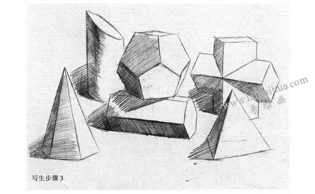 六个几何体组合素描写生作画步骤03