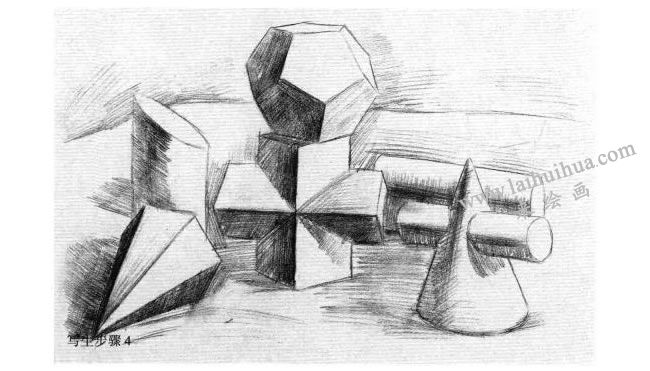 六个几何体组合素描写生作画步骤04