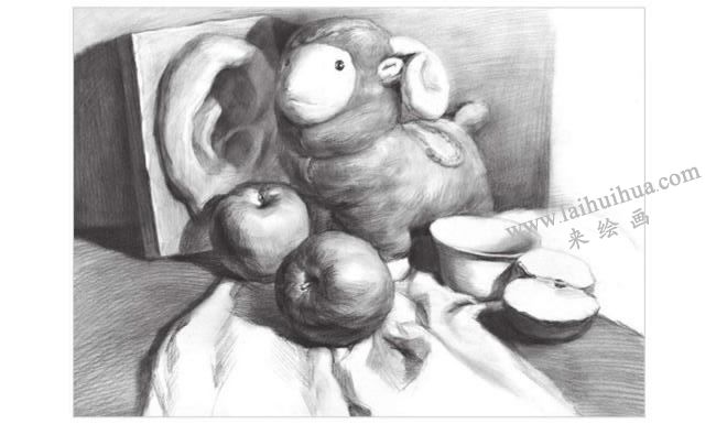 毛绒娃娃与水果组合素描画法步骤03