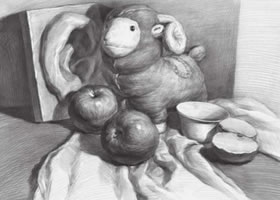 毛绒娃娃与水果组合素描画法