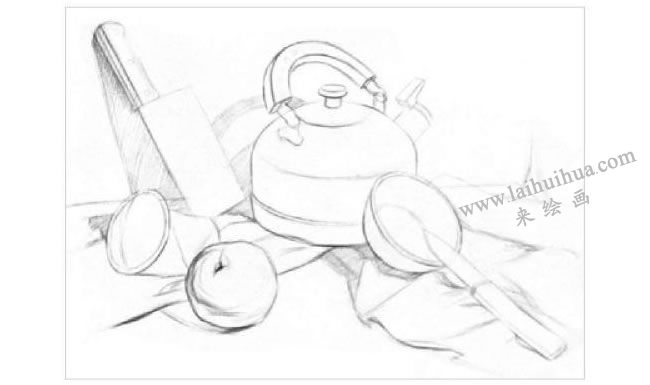 厨具与水果组合素描画法步骤01
