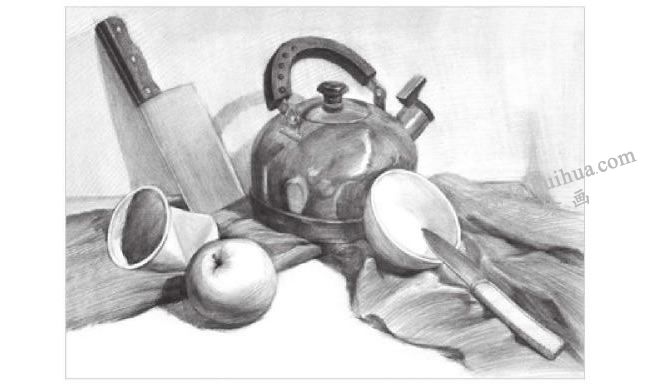 厨具与水果组合素描画法步骤03