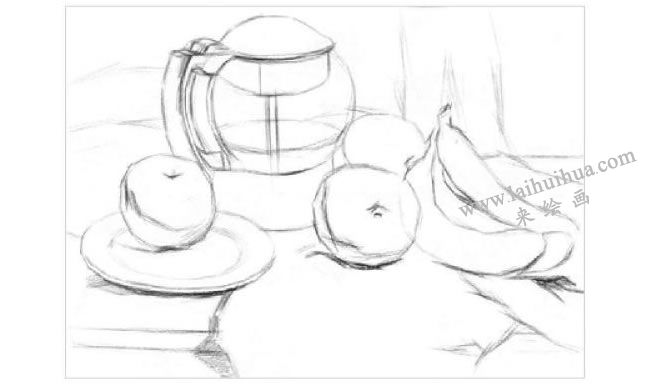 玻璃水壶与水果组合素描画法步骤01