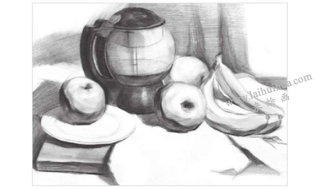 玻璃水壶与水果组合素描画法步骤02