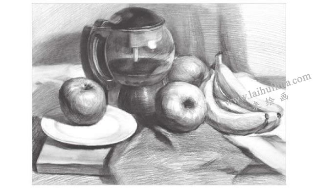 玻璃水壶与水果组合素描画法步骤03