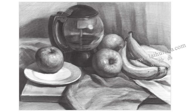 玻璃水壶与水果组合素描画