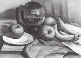 玻璃水壶与水果组合素描画法