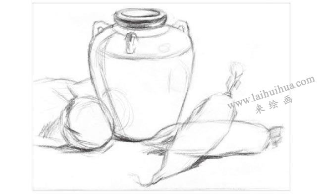 深釉陶罐与蔬果组合素描画法步骤01