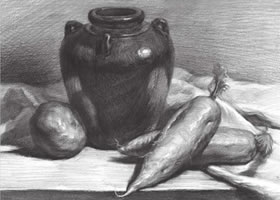 深釉陶罐与蔬果组合素描画法