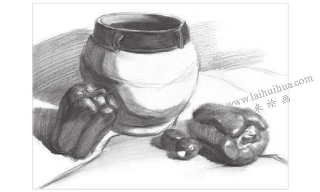 宽口陶罐与青椒组合素描画法步骤02