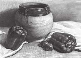 宽口陶罐与青椒组合素描画法