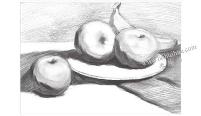 白瓷盘与水果组合素描画法步骤02