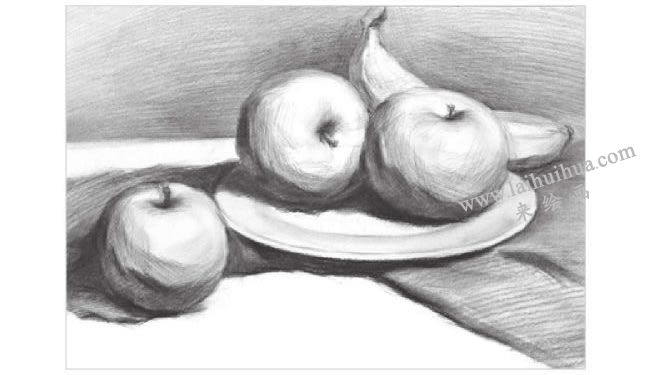 白瓷盘与水果组合素描画法步骤03