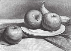 白瓷盘与水果组合素描画法
