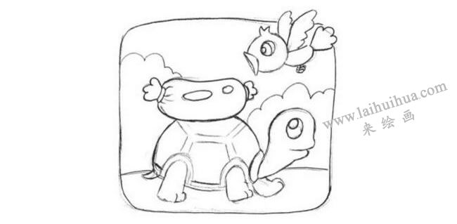 乌龟与食物创意素描画法步骤02