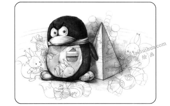 企鹅与凌锥体儿童创意素描画法步骤03