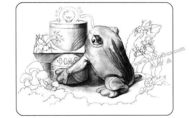 青蛙与石膏组合体儿童创意素描画法步骤03