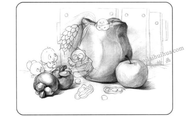 水果与石膏罐子儿童创意素描画法步骤03