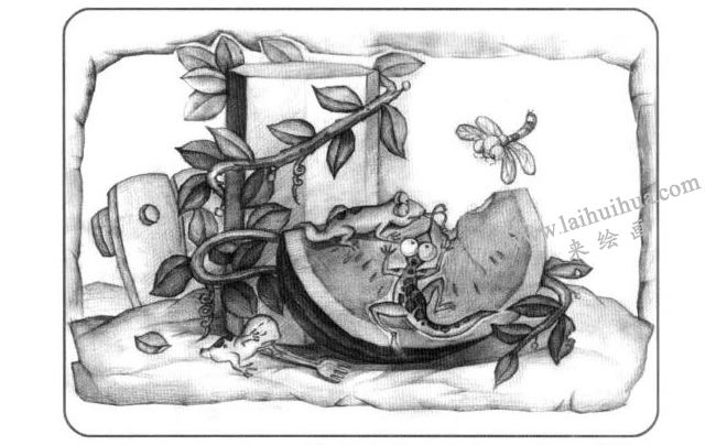 西瓜与石膏棱柱体儿童创意素描画法步骤04