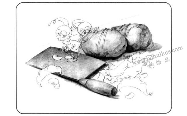 菜刀与土豆儿童创意素描画法步骤03