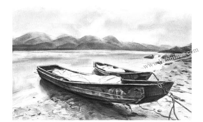 河滩上的小船素描画法步骤07