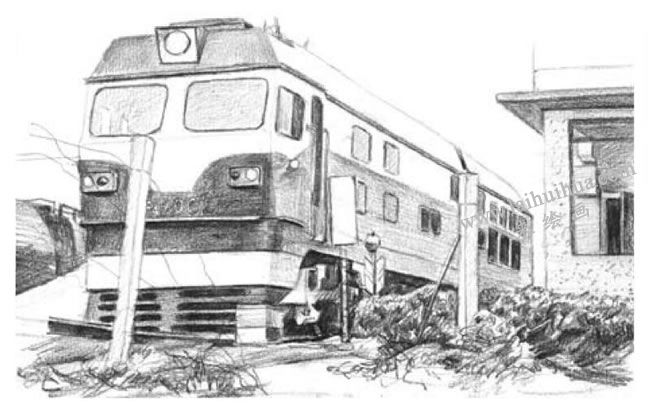 停靠的火车素描画法步骤03