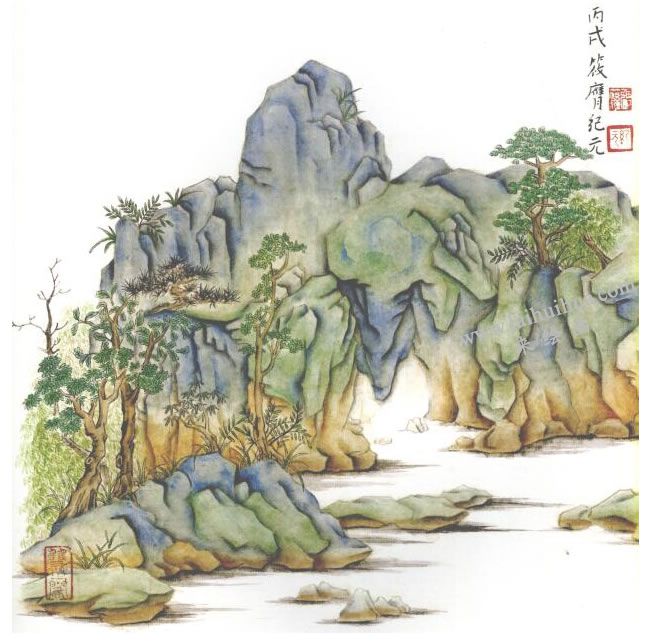 大青绿山水《南京瞻园》国画写生画法步骤：完成图