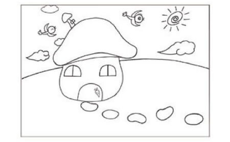 蘑菇房子儿童画线描绘画步骤01