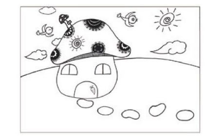 蘑菇房子儿童画线描绘画步骤02