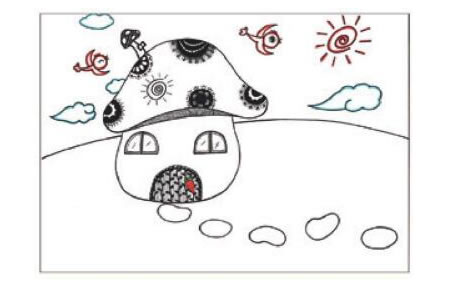蘑菇房子儿童画线描绘画步骤04