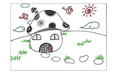 蘑菇房子儿童画线描绘画步骤05