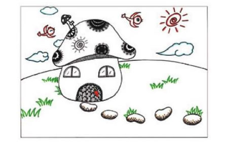 蘑菇房子儿童画线描绘画步骤06