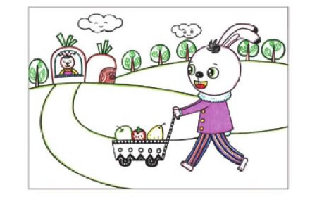 小兔子回家儿童画线描绘画步骤05
