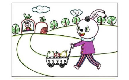 小兔子回家儿童画线描绘画步骤06