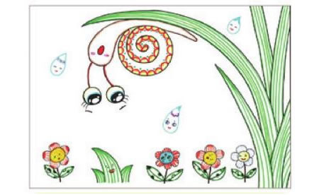 蜗牛避雨儿童画线描绘画步骤05