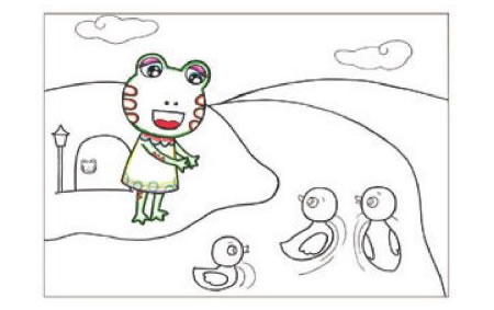 冬眠醒来的小青蛙儿童画线描绘画步骤03