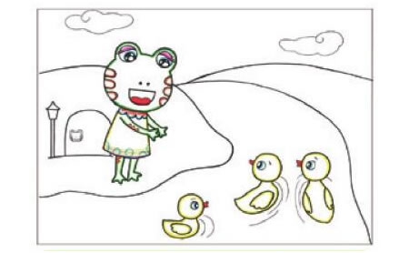 冬眠醒来的小青蛙儿童画线描绘画步骤04
