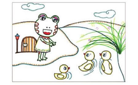 冬眠醒来的小青蛙儿童画线描绘画步骤06